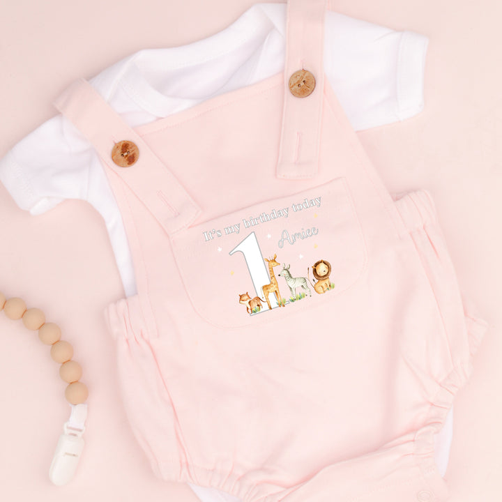 Personalised First Birthday Jungle Safari Pink Dungarees