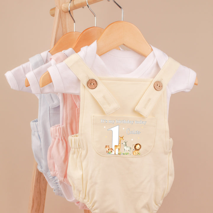 Personalised First Birthday Safari Lemon Dungarees