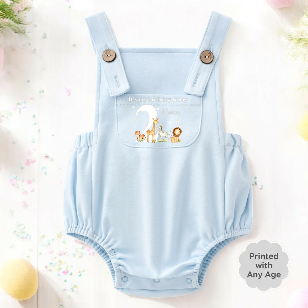 Personalised Blue Jungle Safari Any Age Birthday Dungarees