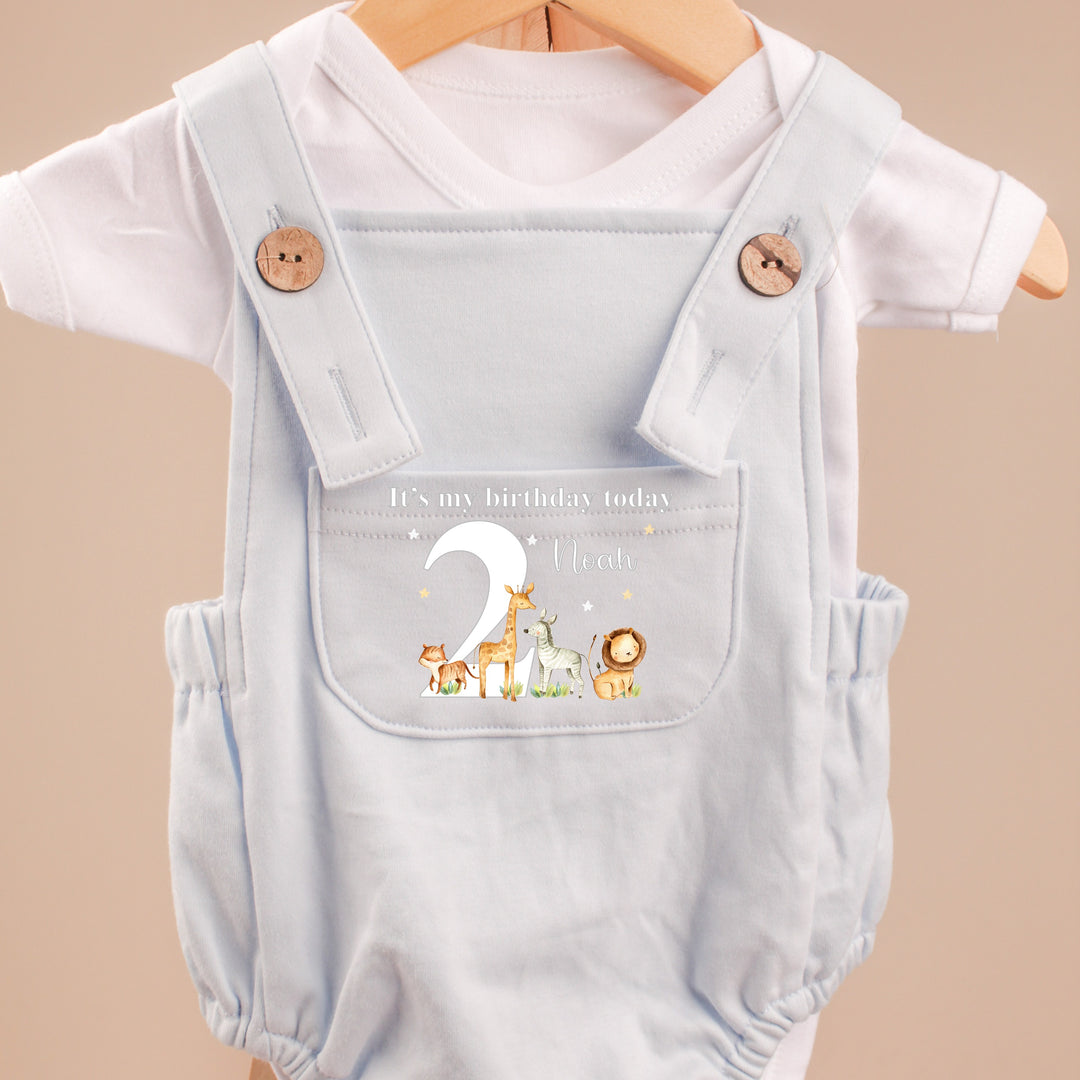 Personalised Blue Jungle Safari Any Age Birthday Dungarees