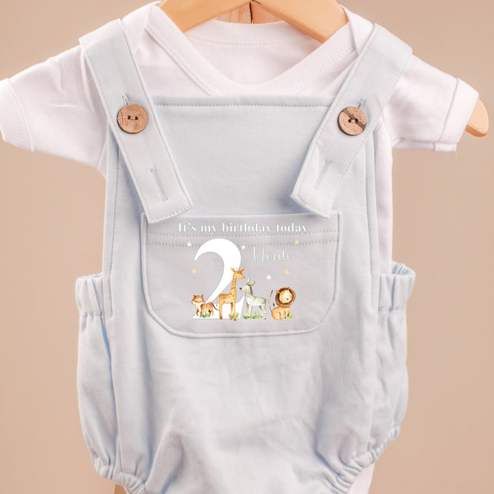 Personalised Blue Jungle Safari Any Age Birthday Dungarees