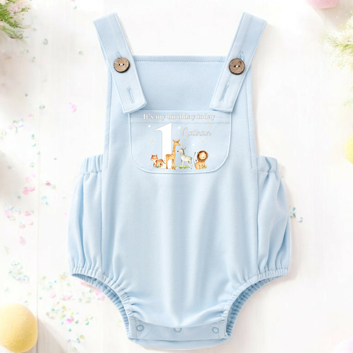 Personalised Jungle Safari Blue Birthday Dungarees