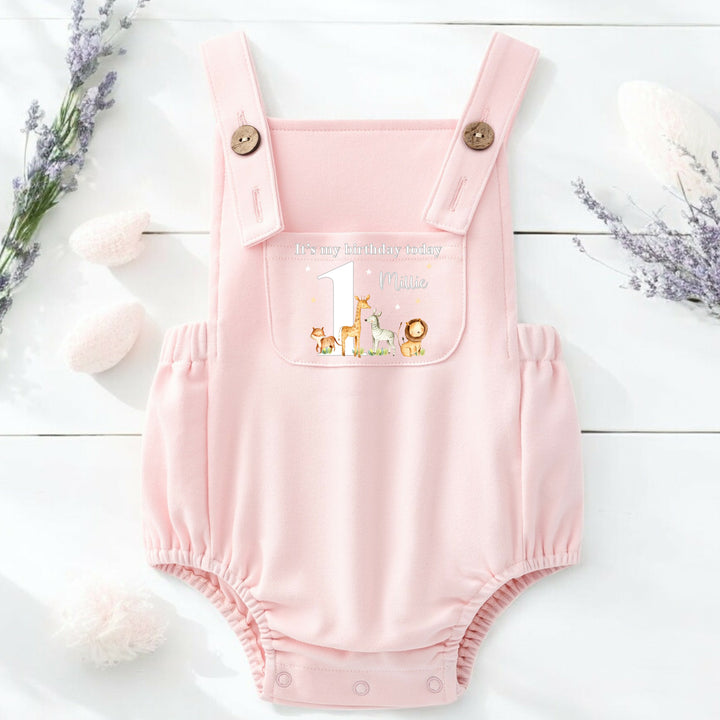 Personalised Jungle Safari Pink Birthday Dungarees