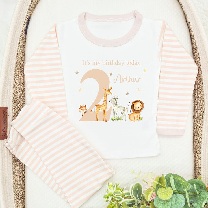 Personalised Beige Jungle Safari Animals Second Birthday Pyjamas