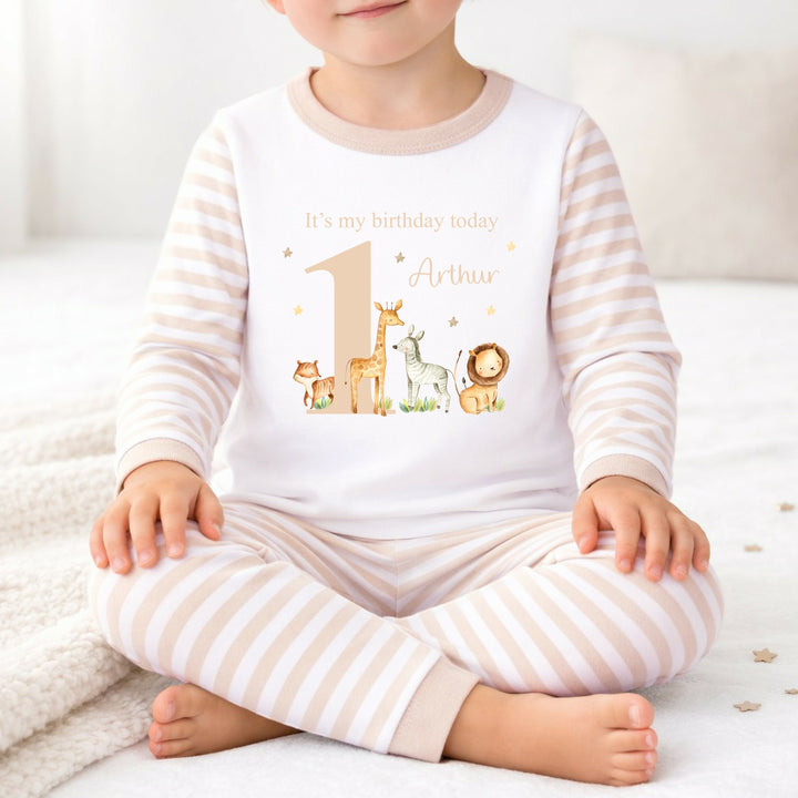 Personalised Beige Jungle Safari Animals First Birthday Pyjamas