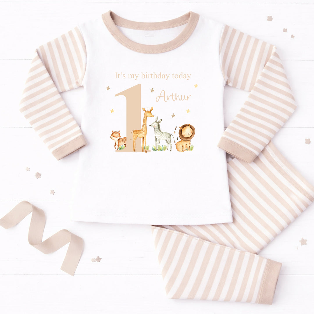 Personalised Beige Jungle Safari Animals First Birthday Pyjamas