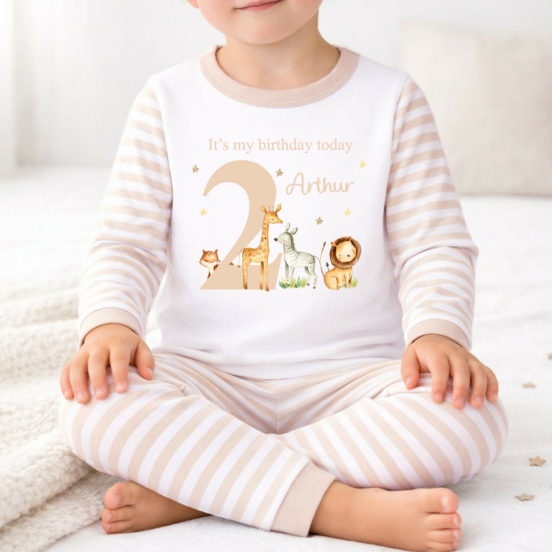 Personalised Beige Jungle Safari Animals Second Birthday Pyjamas