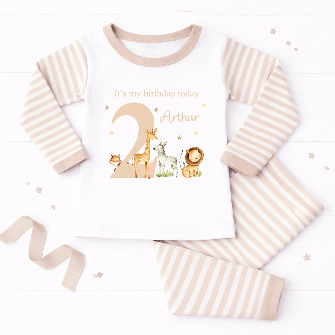 Personalised Beige Jungle Safari Animals Second Birthday Pyjamas