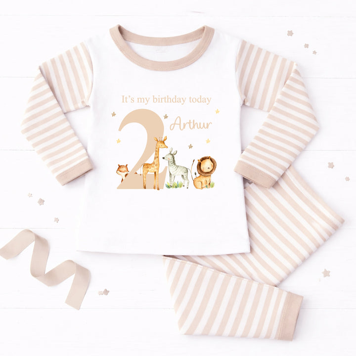 Personalised Beige Jungle Safari Animals Second Birthday Pyjamas