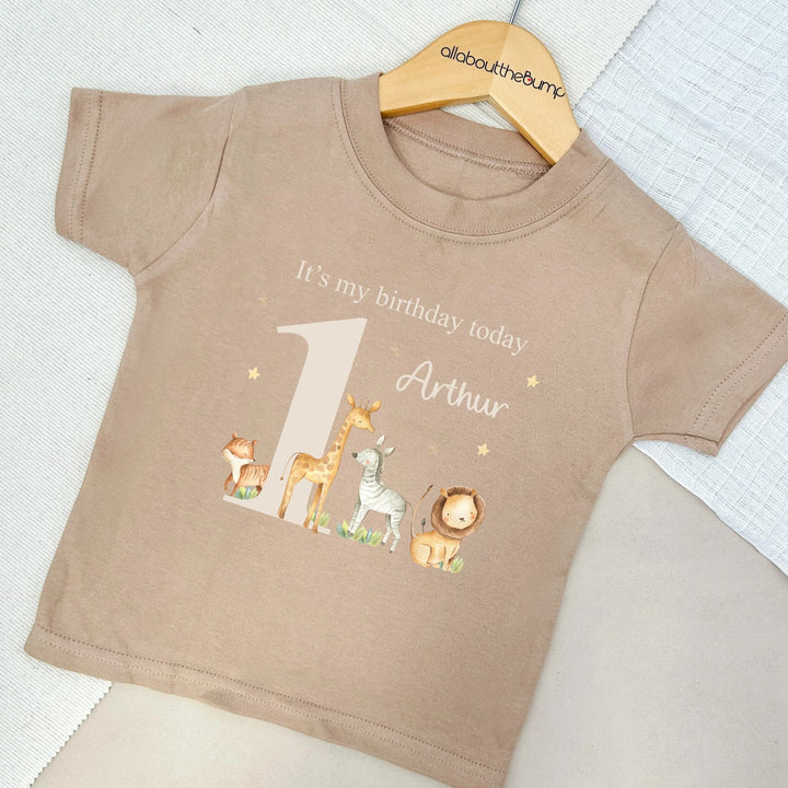 Jungle Birthday T-shirt | Peach Blue Brown Grey