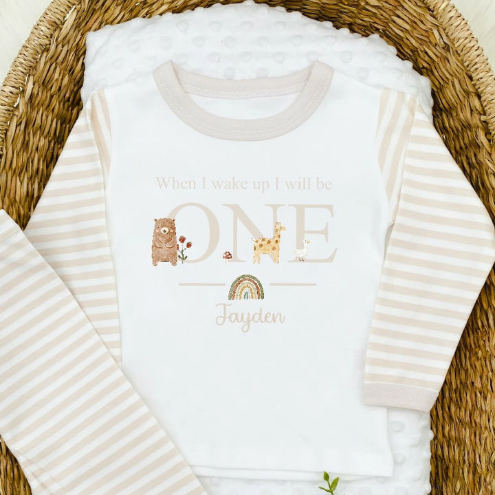 Personalised First Birthday One Animals Beige Pyjamas