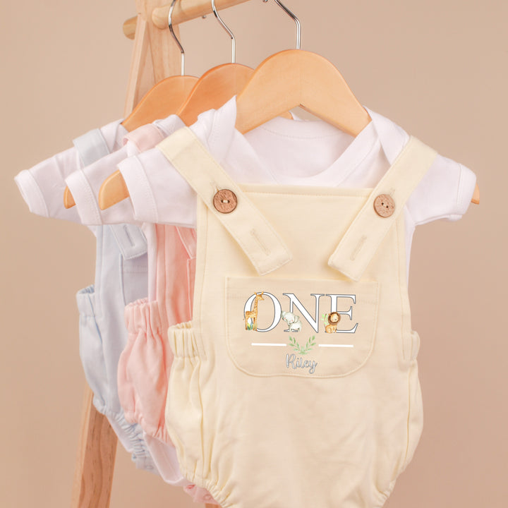 Personalised First Birthday Jungle Lemon Dungarees