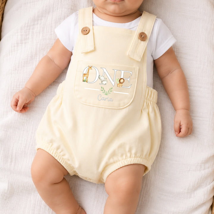 Personalised Lemon Yellow Jungle Animals First Birthday Dungarees