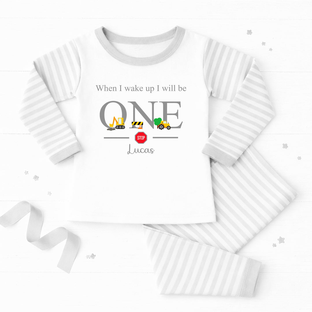 Personalised Grey Digger Construction First Birthday Pyjamas
