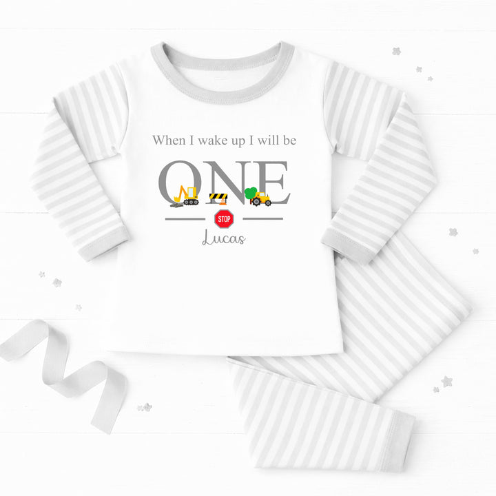 Personalised Grey Digger Construction First Birthday Pyjamas