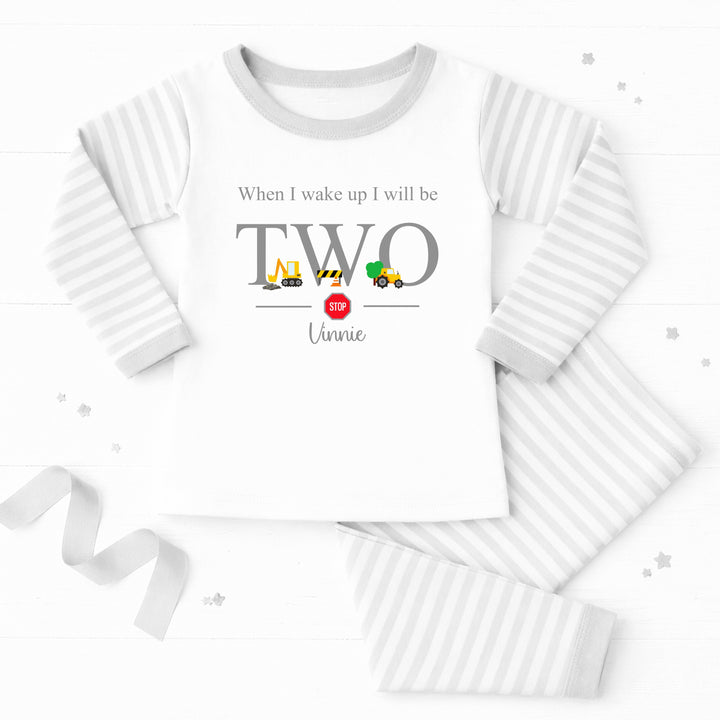 Personalised Digger Construction Grey Stripe Boys 2nd Birthday Pyjamas