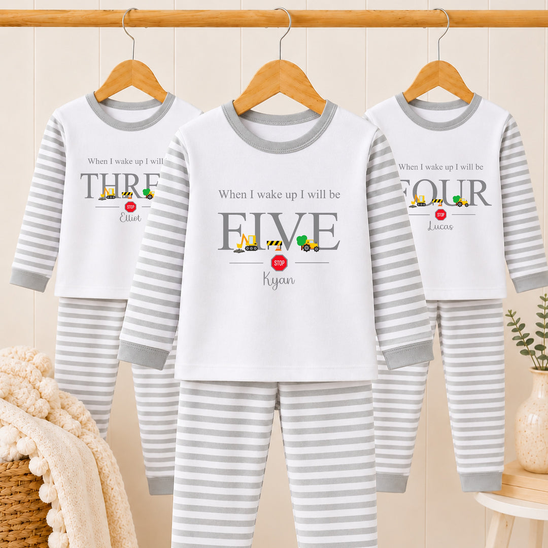 Personalised Grey Digger Construction Any Age Birthday Pyjamas