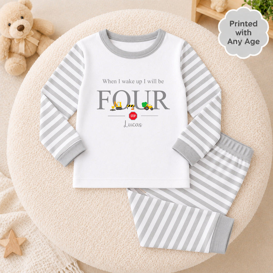 Personalised Grey Digger Construction Any Age Birthday Pyjamas