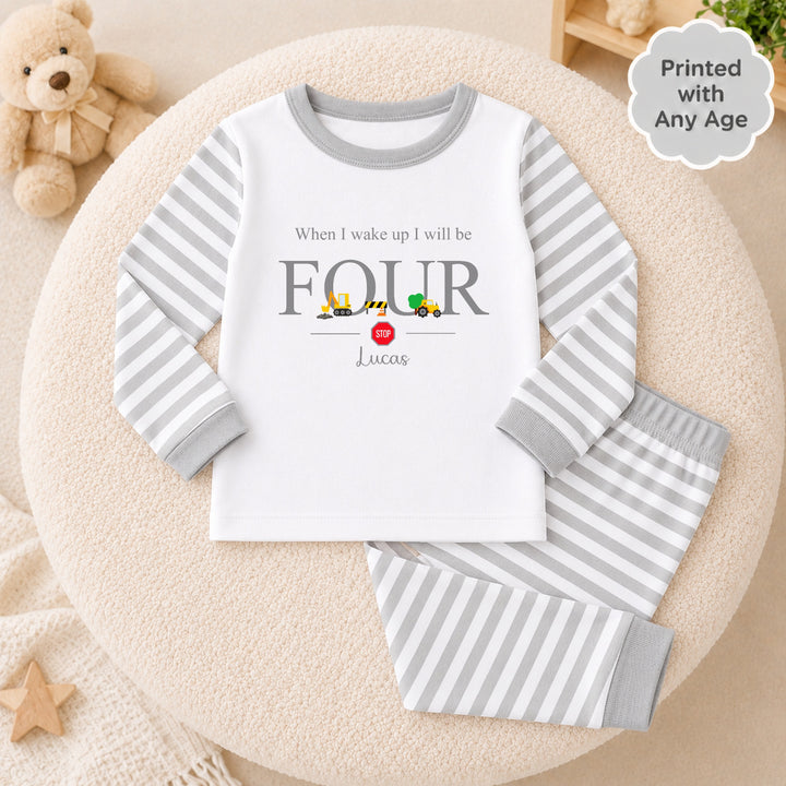 Personalised Grey Digger Construction Any Age Birthday Pyjamas