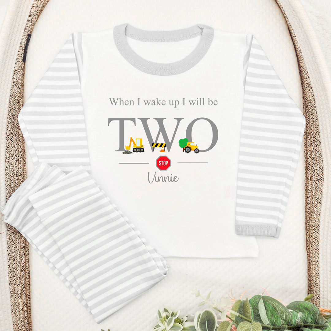 Personalised Digger Construction Grey Stripe Boys 2nd Birthday Pyjamas