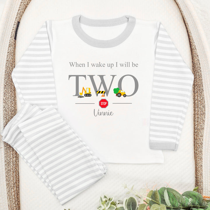 Personalised Digger Construction Grey Stripe Boys 2nd Birthday Pyjamas