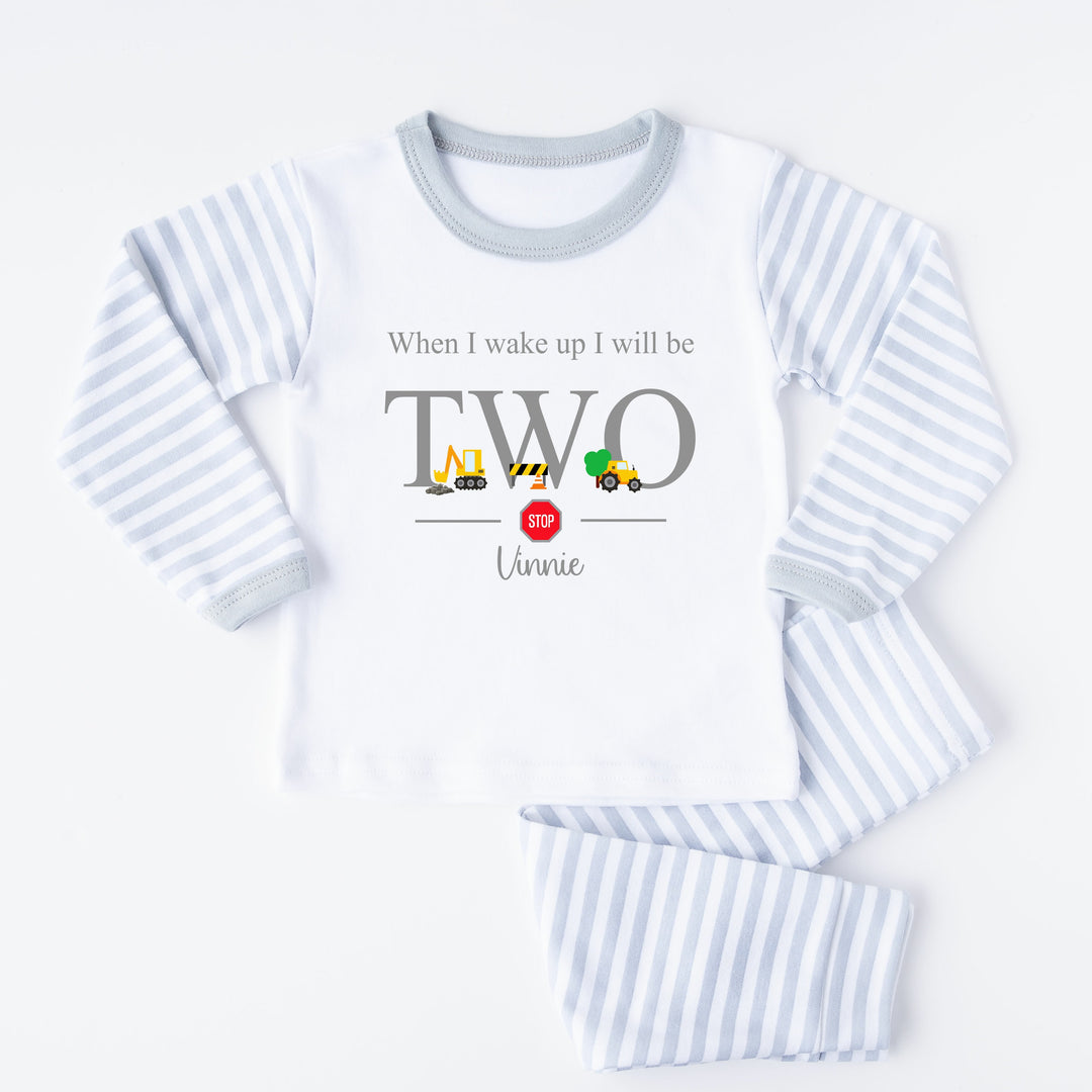 Personalised Digger Construction Grey Stripe Boys 2nd Birthday Pyjamas