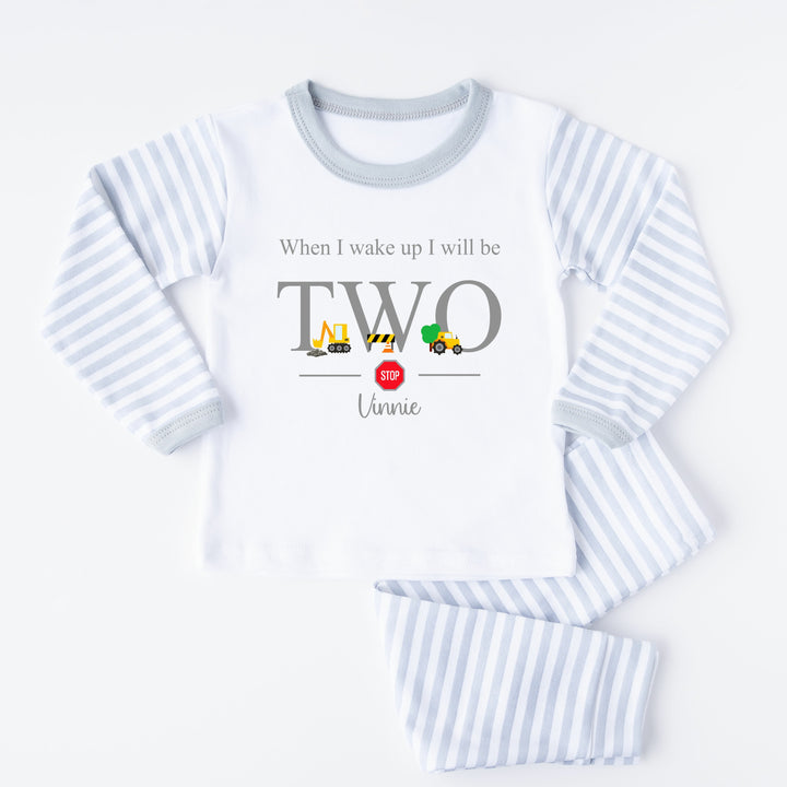 Personalised Digger Construction Grey Stripe Boys 2nd Birthday Pyjamas