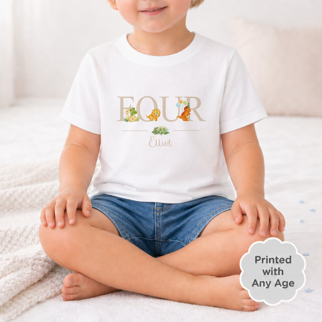 Personalised Beige Dinosaur Any Age Birthday T-shirt