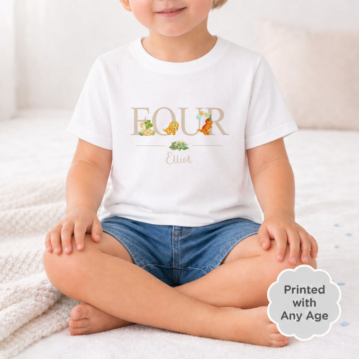 Personalised Beige Dinosaur Any Age Birthday T-shirt