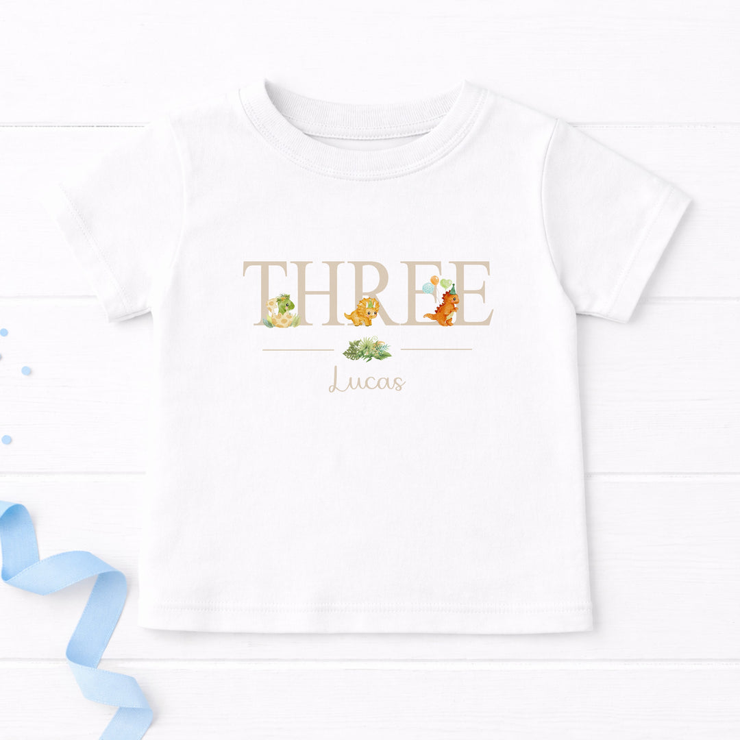 Personalised Beige Dinosaur Any Age Birthday T-shirt