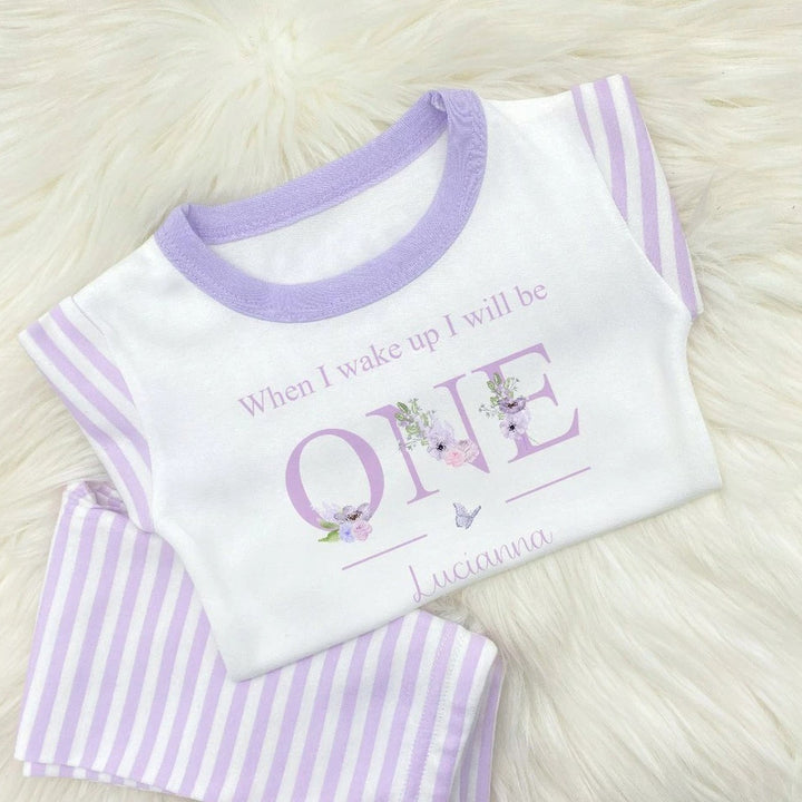 Personalised First Birthday One Floral Lilac Striped Pyjamas