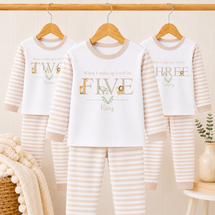 Personalised Beige Jungle Animals Any Age Birthday Pyjamas