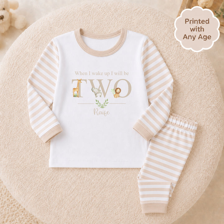 Personalised Beige Jungle Animals Any Age Birthday Pyjamas