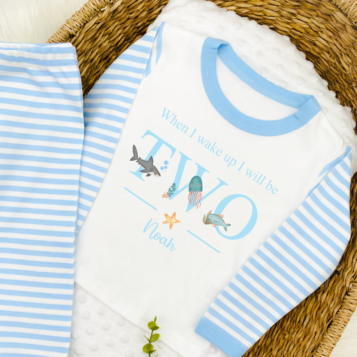 Blue Stripe birthday pyjamas that say 'When I wake up I will be TWO Noah'. This design features sealife creatures