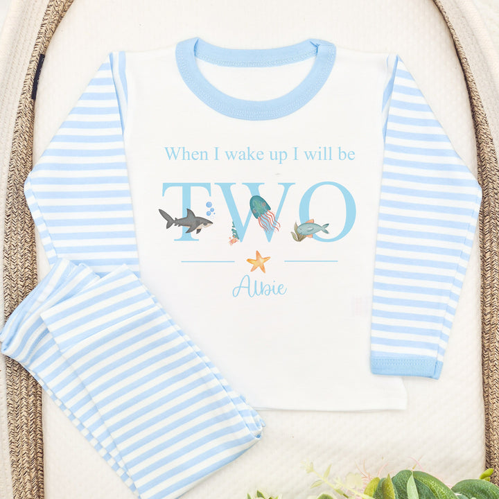 Blue Stripe birthday pyjamas that say 'When I wake up I will be TWO Albie'. This design features sealife creatures