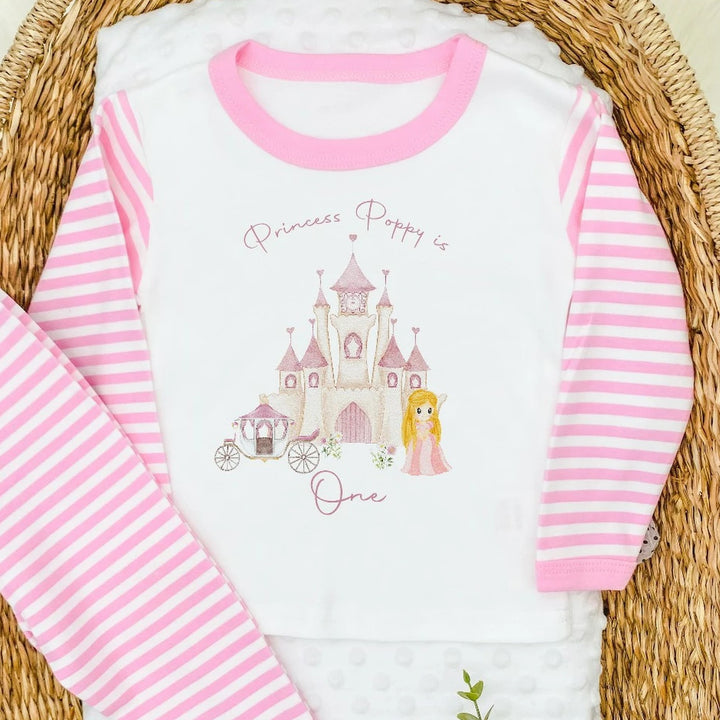 Personalised First Birthday Princess Castle Pink Striped Pyjamas