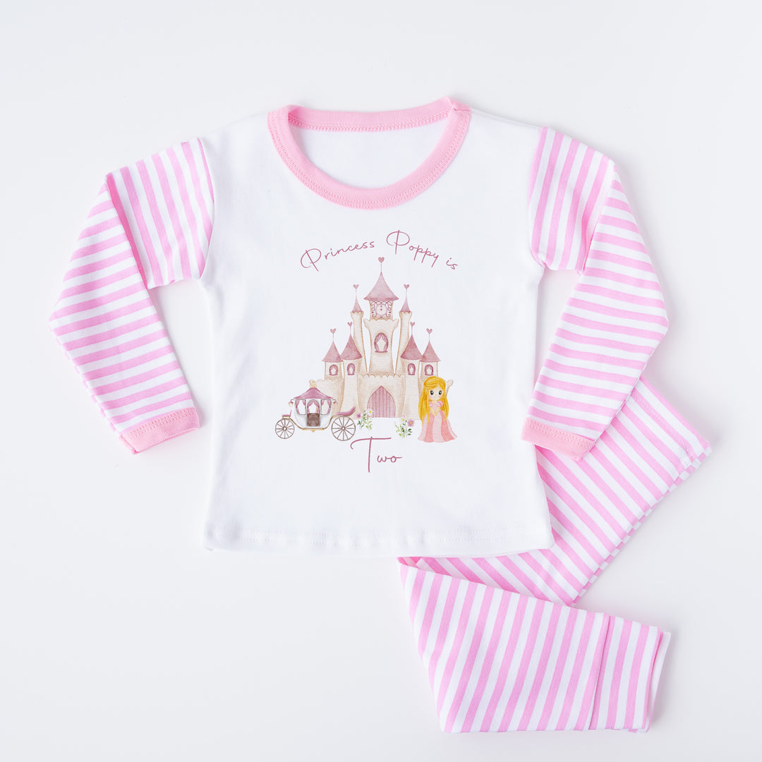 Personalised Princess Castle Pink Striped Birthday Pyjamas