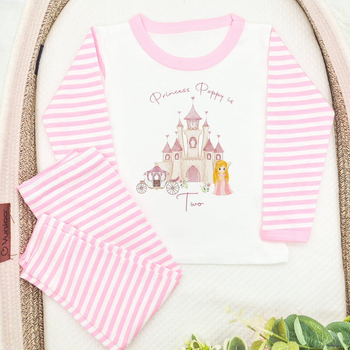 Personalised Princess Castle Pink Striped Birthday Pyjamas