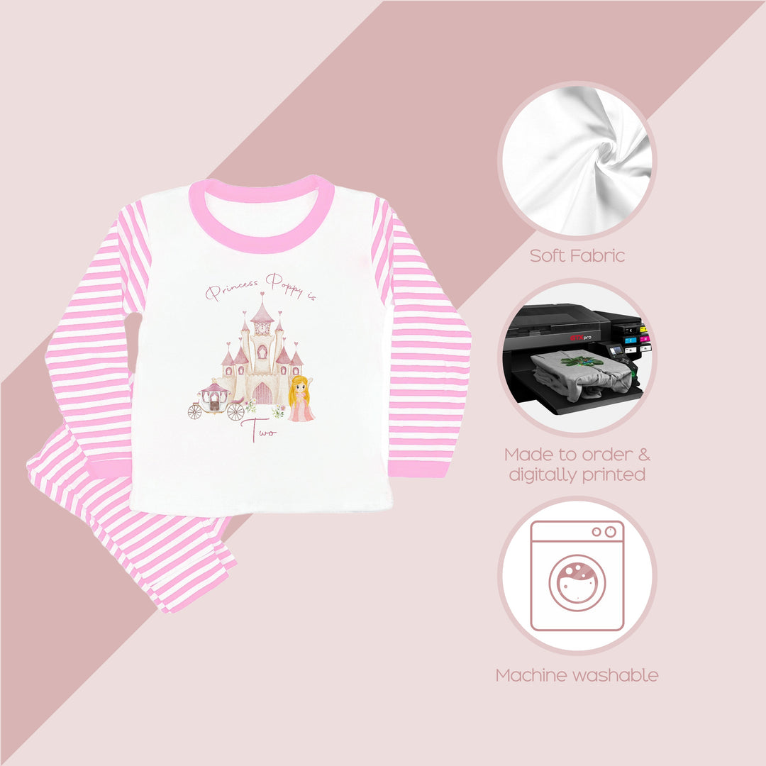 Personalised Princess Castle Pink Striped Birthday Pyjamas