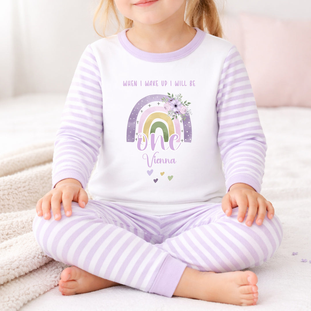 Personalised Lilac Rainbow When I Wake I Will Be One Birthday Pyjamas