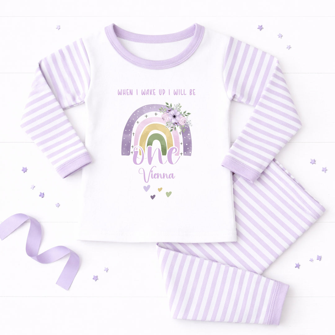 Personalised Lilac Rainbow When I Wake I Will Be One Birthday Pyjamas