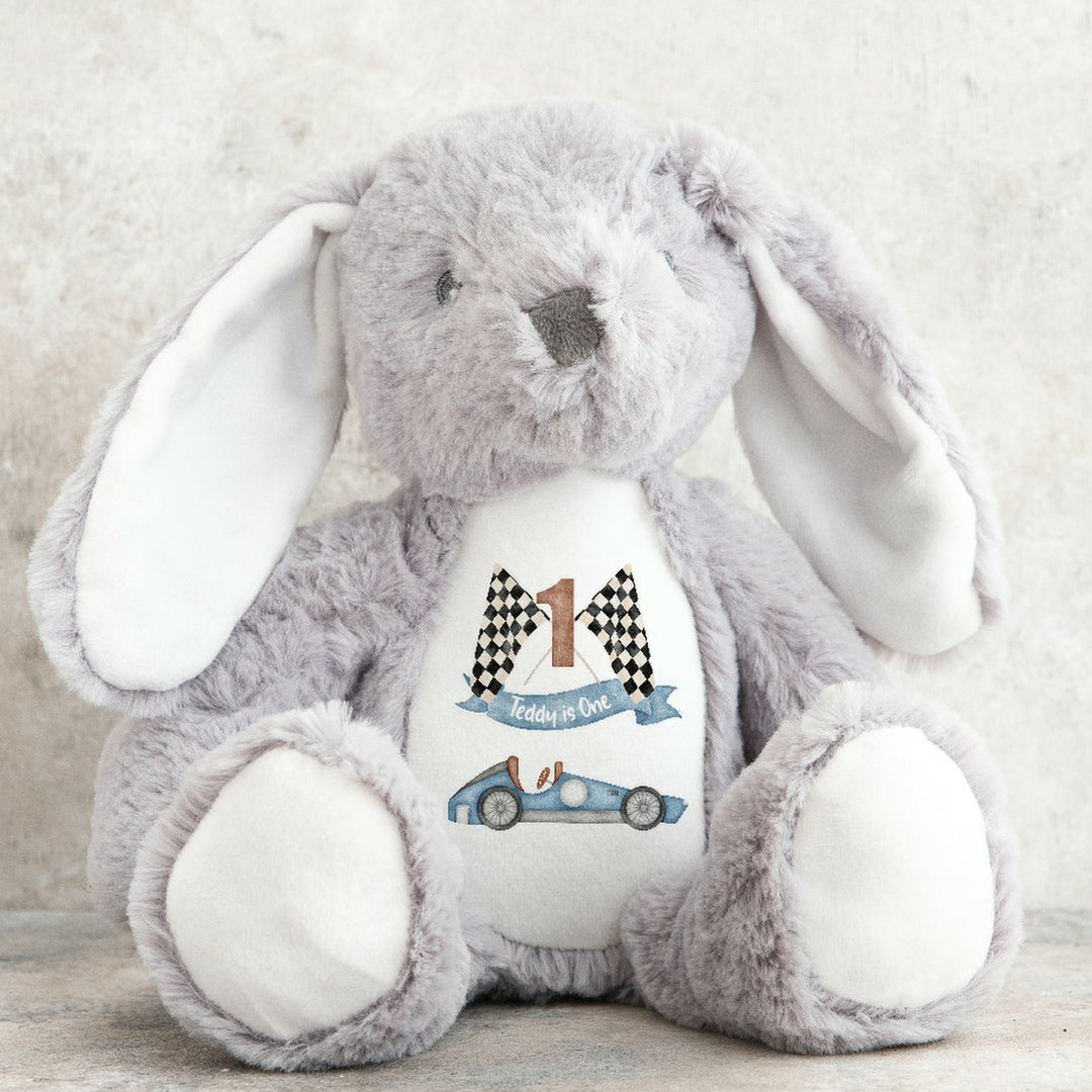 Personalised Blue Race Car Bunny First Birthday Teddy