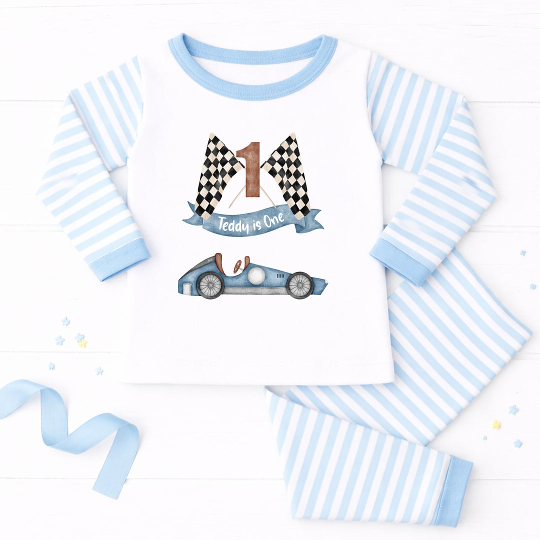 Personalised Blue Racecar Any Age Birthday Pyjamas