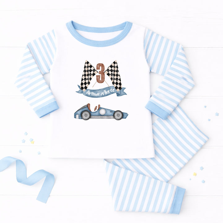 Personalised Blue Racecar Any Age Birthday Pyjamas