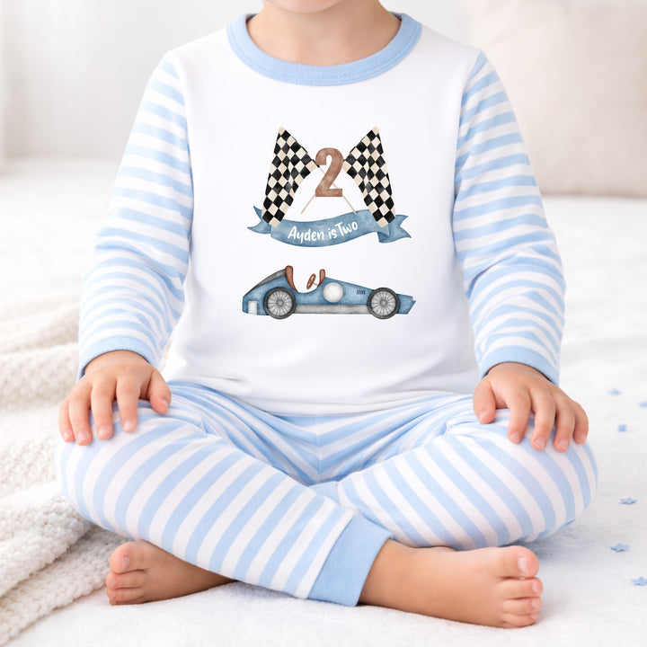 Personalised Racecar Blue Stripe Boys 2nd Birthday Pyjamas