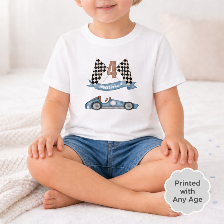Personalised Blue Racecar Any Age Birthday T-shirt