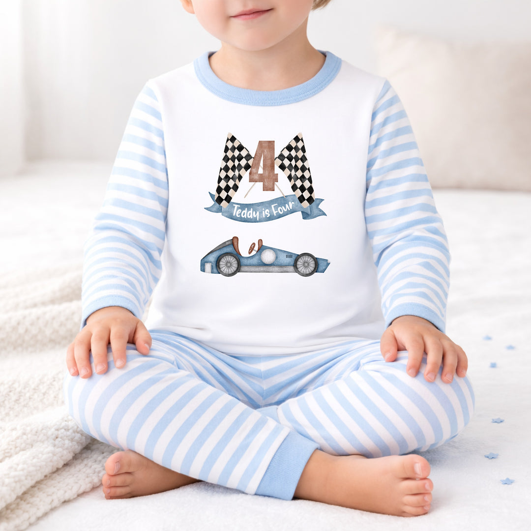 Personalised Blue Racecar Any Age Birthday Pyjamas