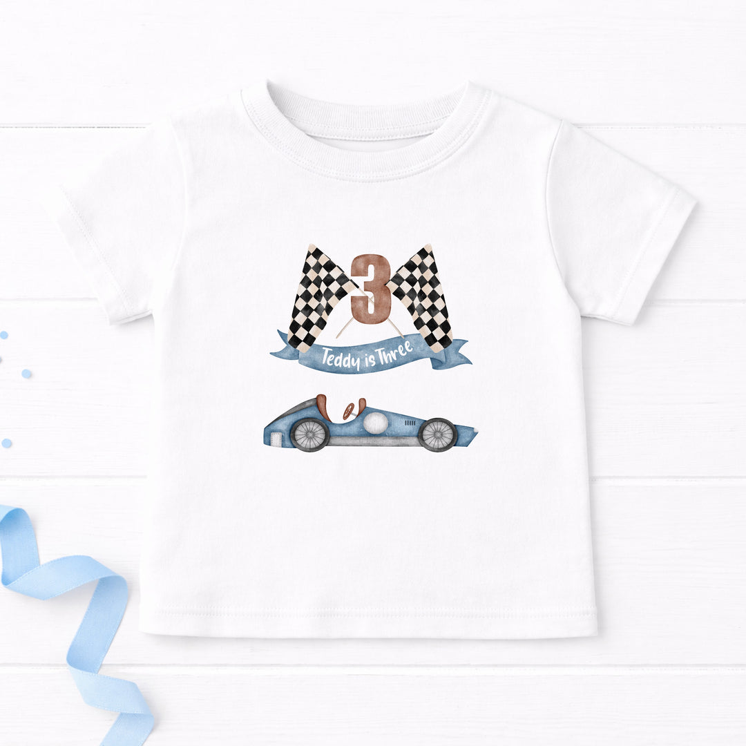 Personalised Blue Racecar Any Age Birthday T-shirt