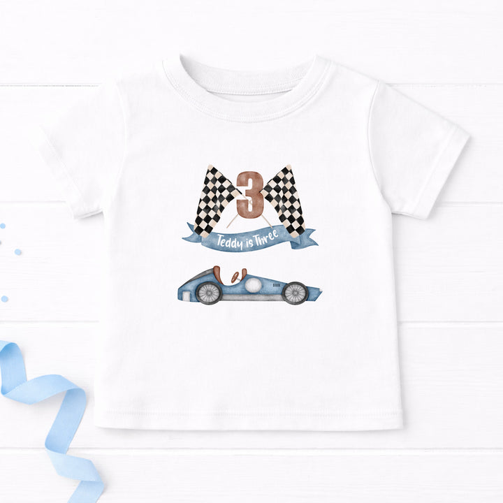 Personalised Blue Racecar Any Age Birthday T-shirt