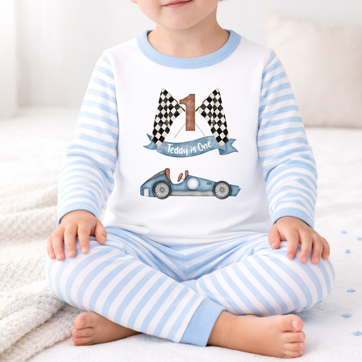 Personalised Blue Racecar First Birthday Pyjamas